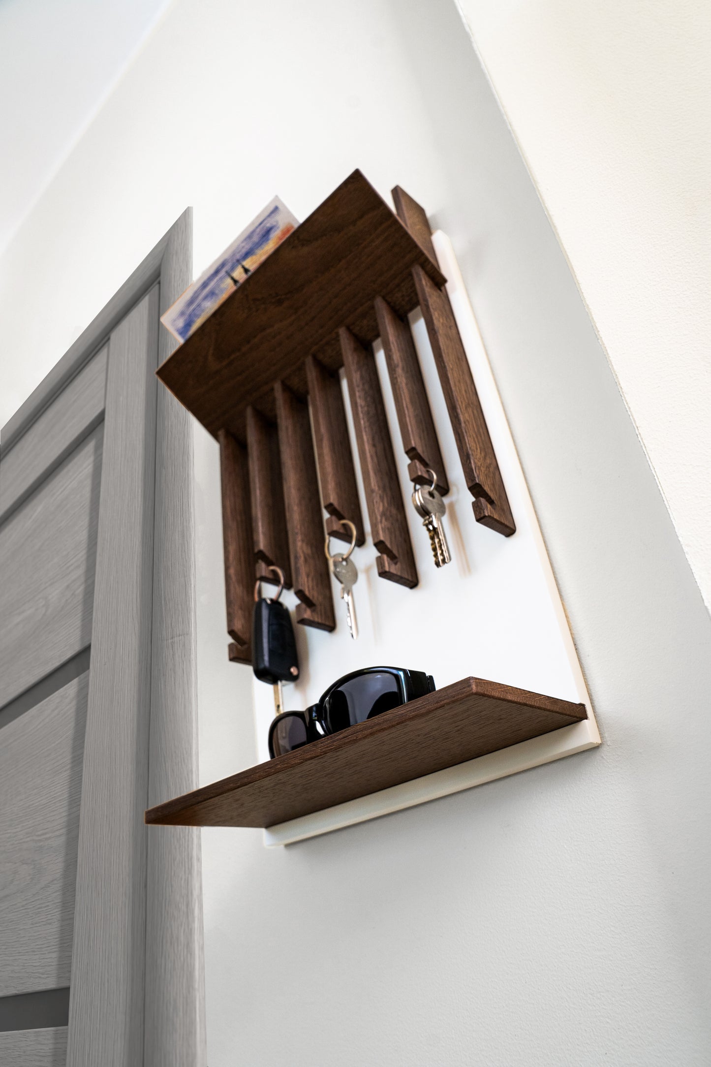 Walnut color Oak Modern Entryway Key holder with 2 shelves