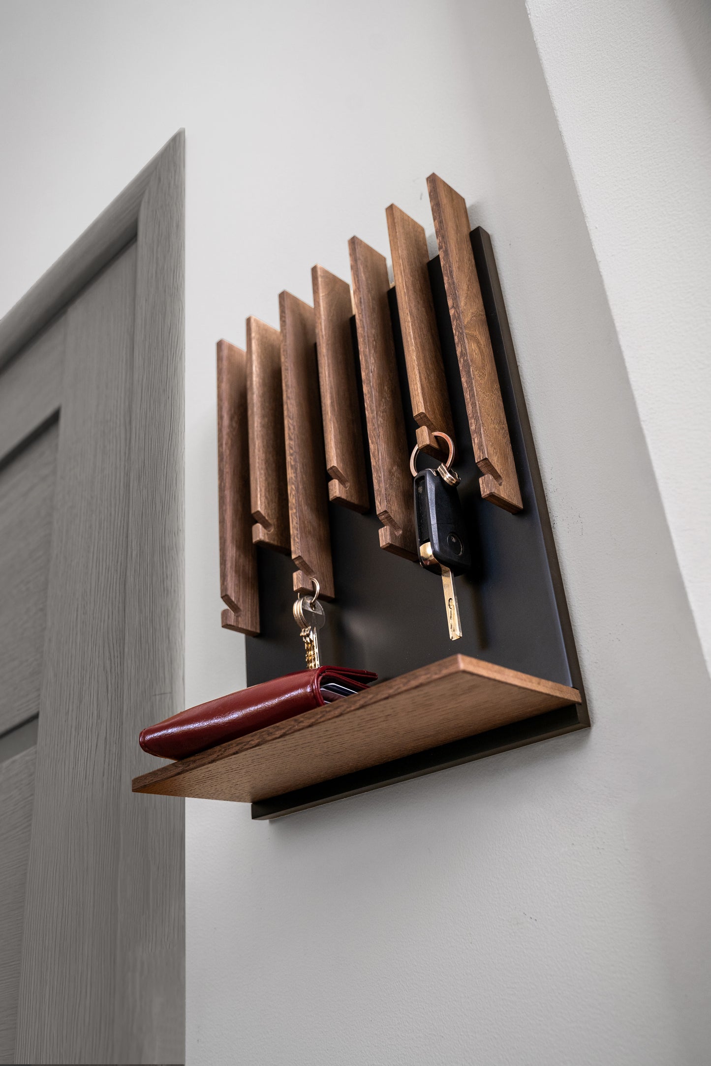 Walnut color Oak Modern Entryway Key holder with 1 shelf