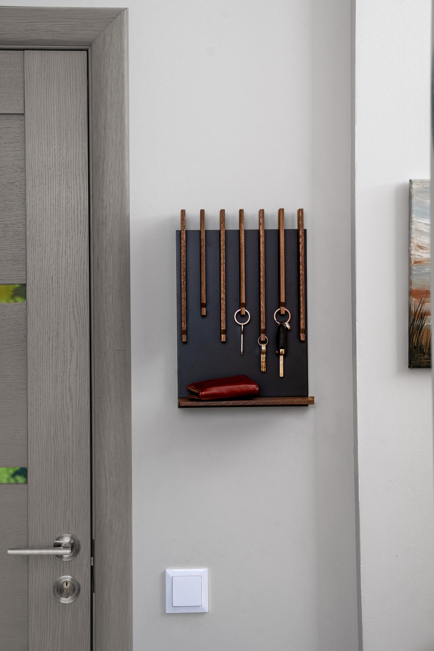 Walnut color Oak Modern Entryway Key holder with 1 shelf