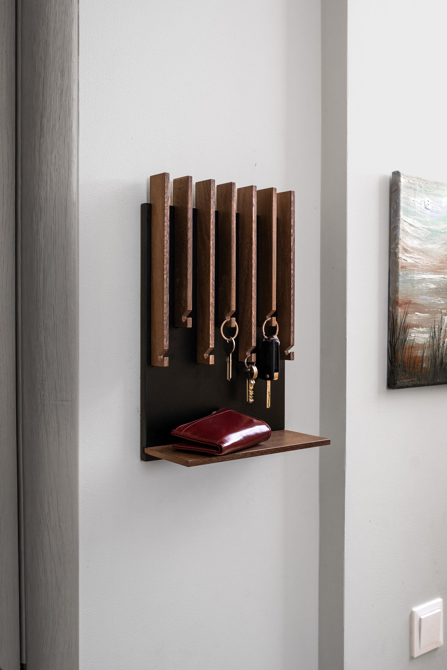 Walnut color Oak Modern Entryway Key holder with 1 shelf