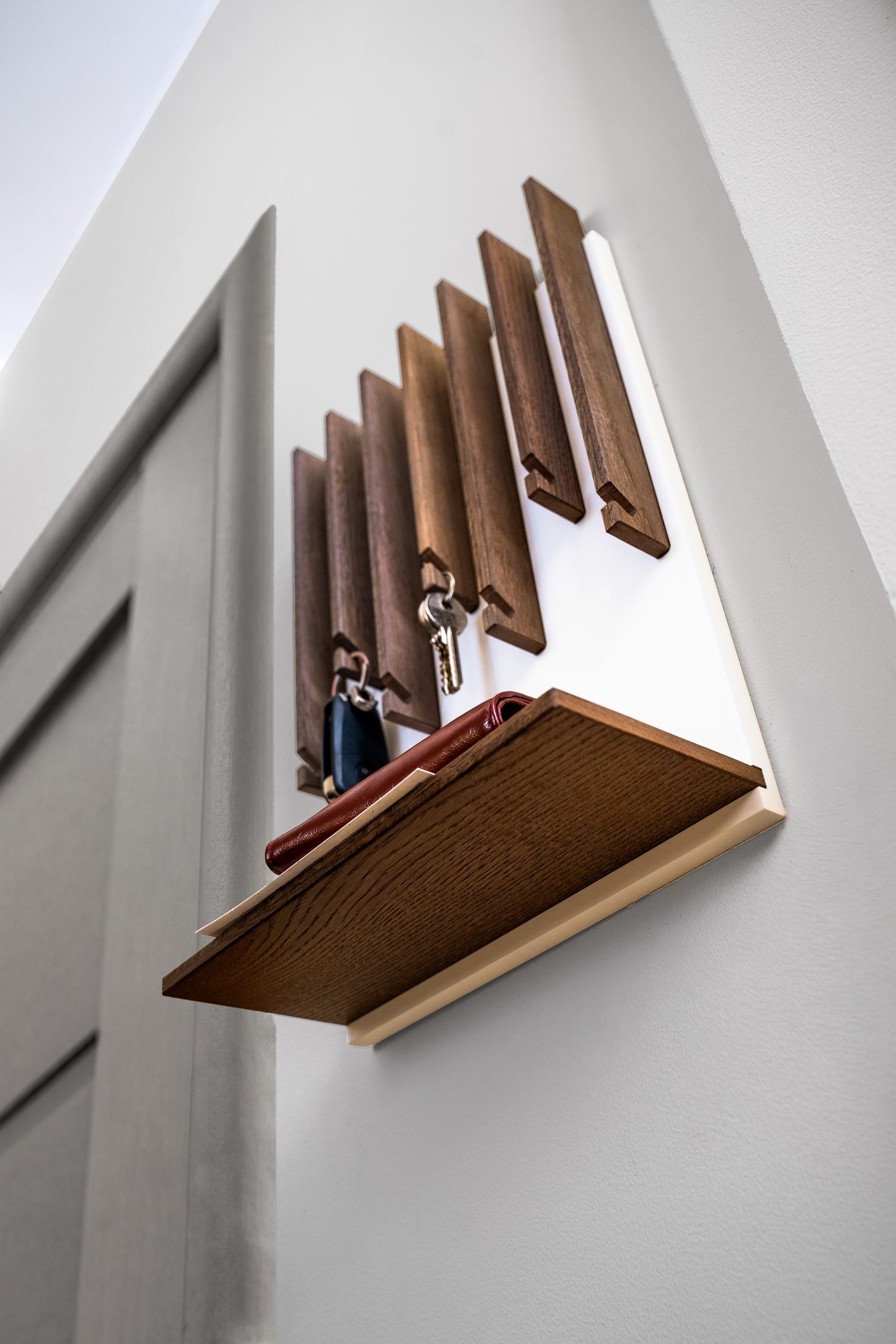Walnut color Oak Modern Entryway Key holder with 1 shelf