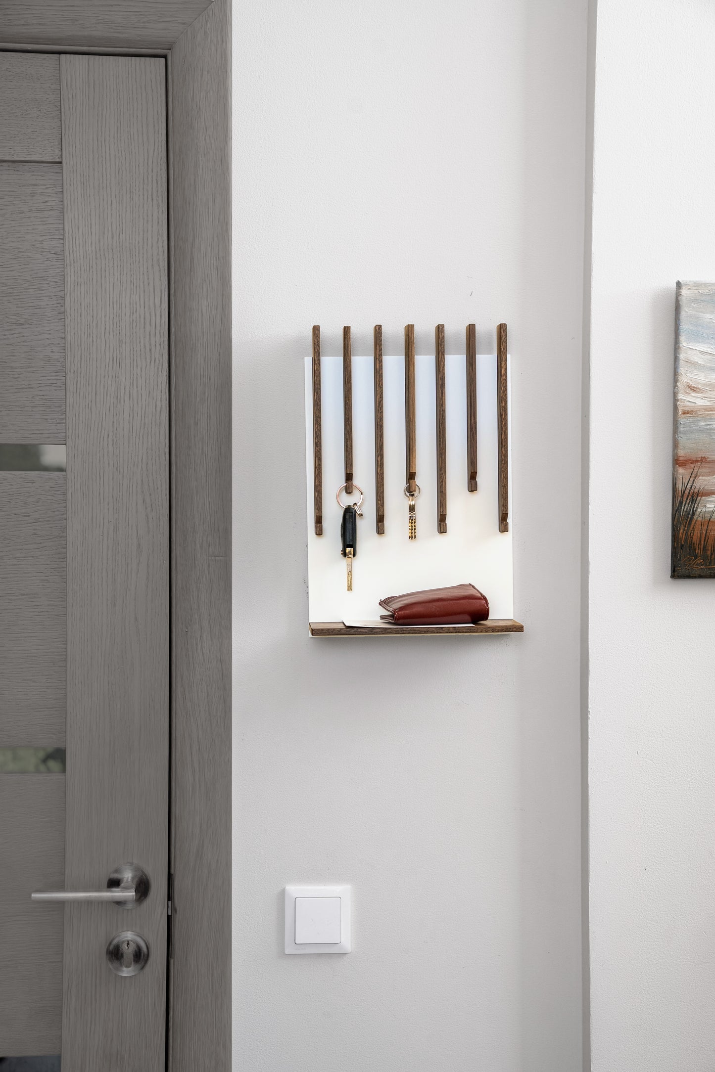 Walnut color Oak Modern Entryway Key holder with 1 shelf