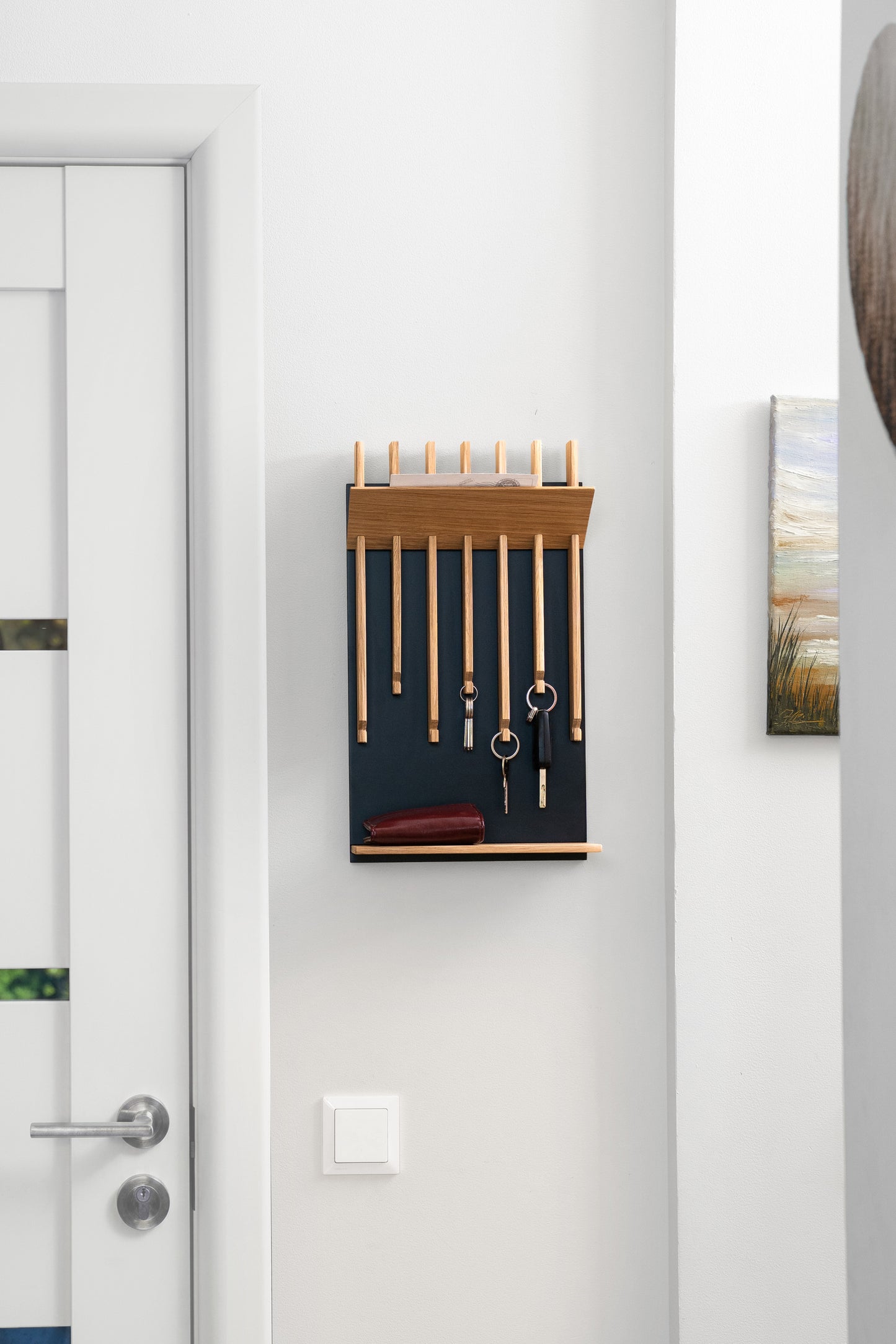 Natural color Oak Modern Entryway Key holder with 2 shelves