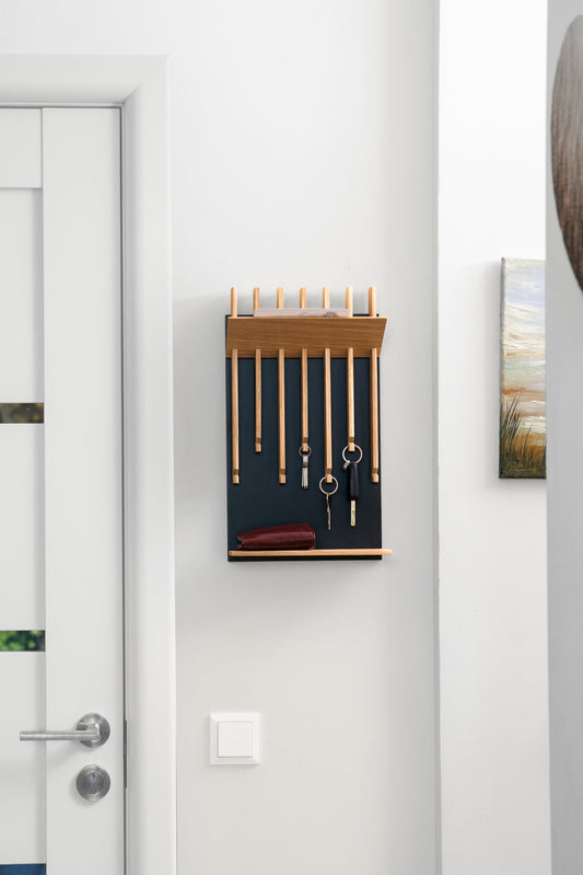 Natural color Oak Modern Entryway Key holder with 2 shelves