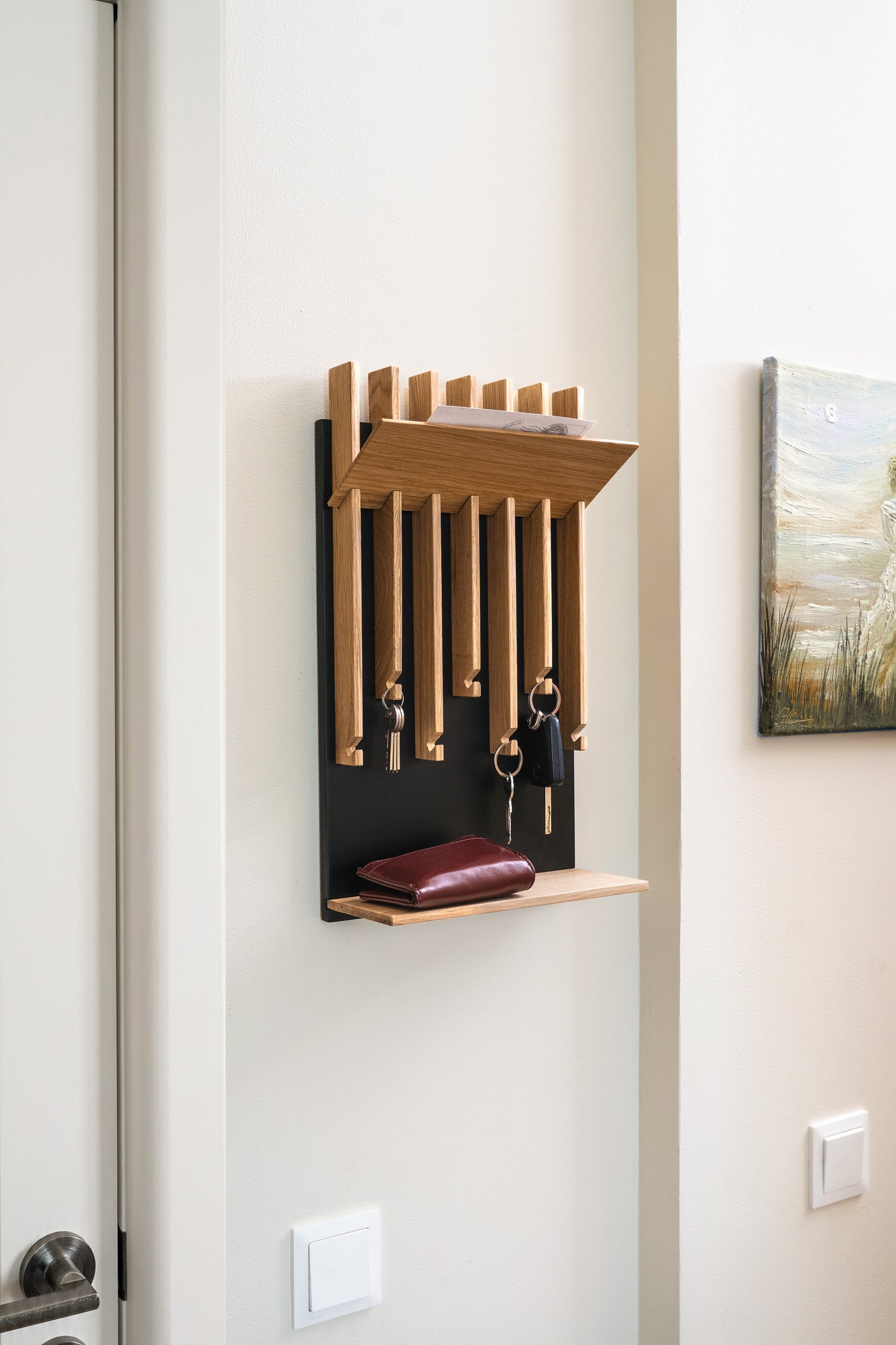 Natural color Oak Modern Entryway Key holder with 2 shelves