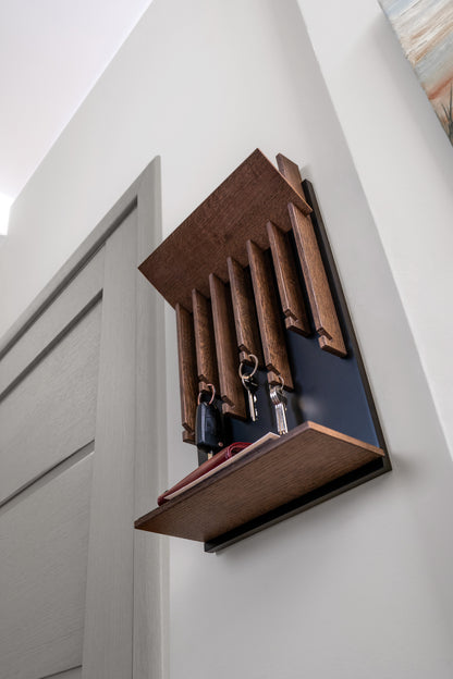Walnut color Oak Modern Entryway Key holder with 2 shelves
