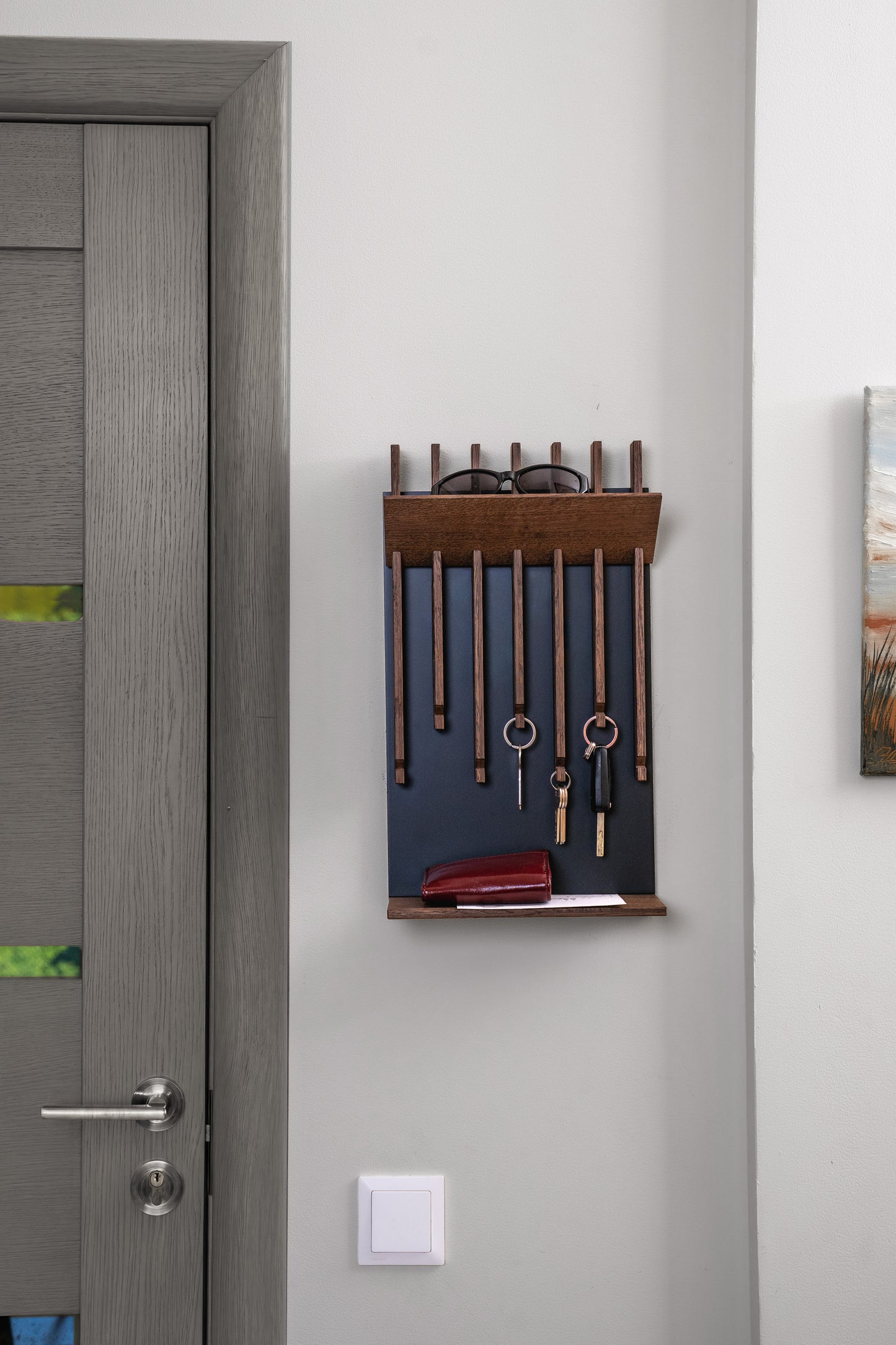 Walnut color Oak Modern Entryway Key holder with 2 shelves