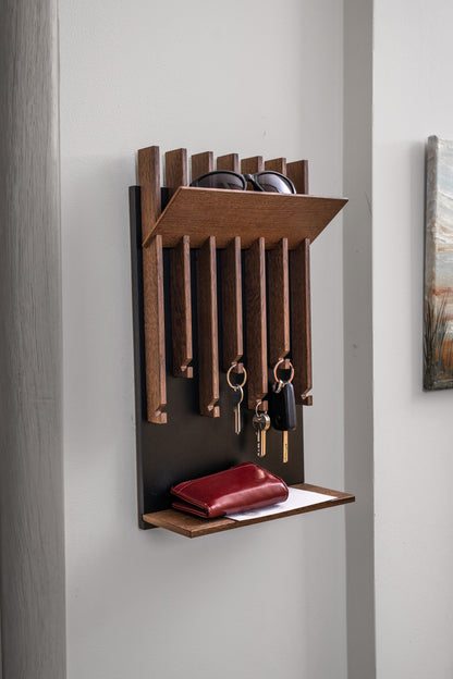 Walnut color Oak Modern Entryway Key holder with 2 shelves