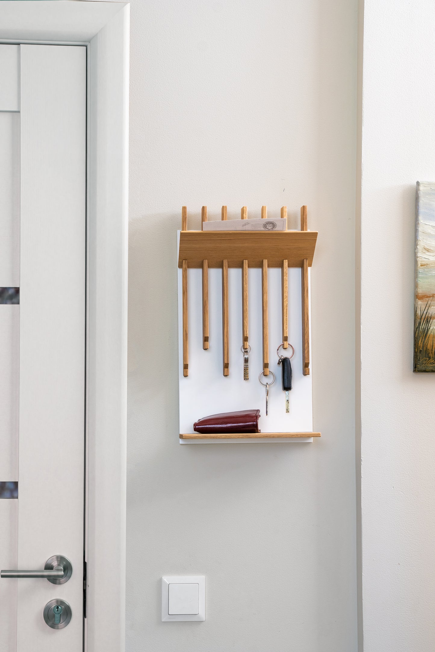 Natural color Oak Modern Entryway Key holder with 2 shelves