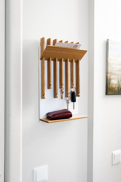 Natural color Oak Modern Entryway Key holder with 2 shelves