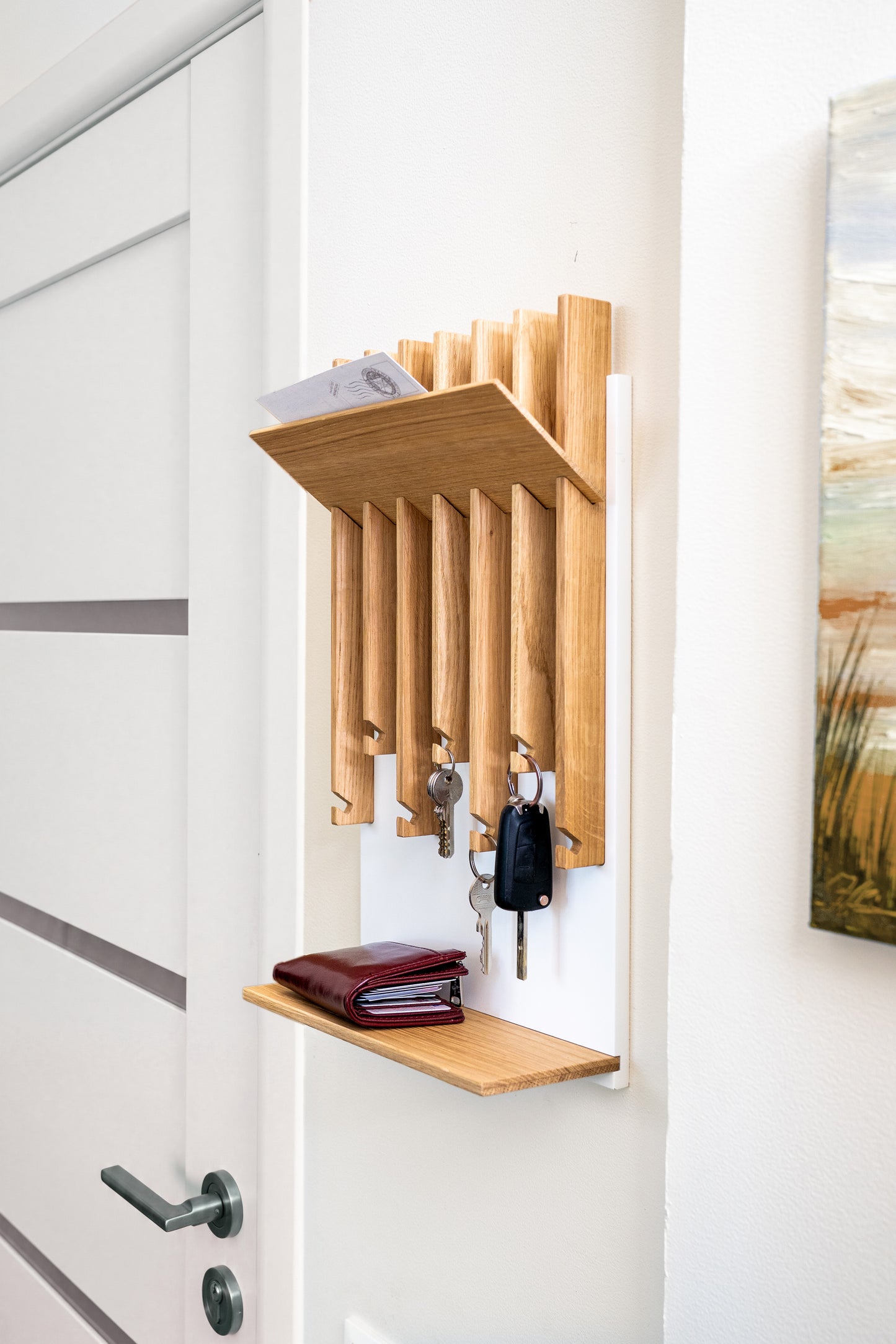 Natural color Oak Modern Entryway Key holder with 2 shelves