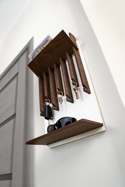 Walnut color Oak Modern Entryway Key holder with 2 shelves