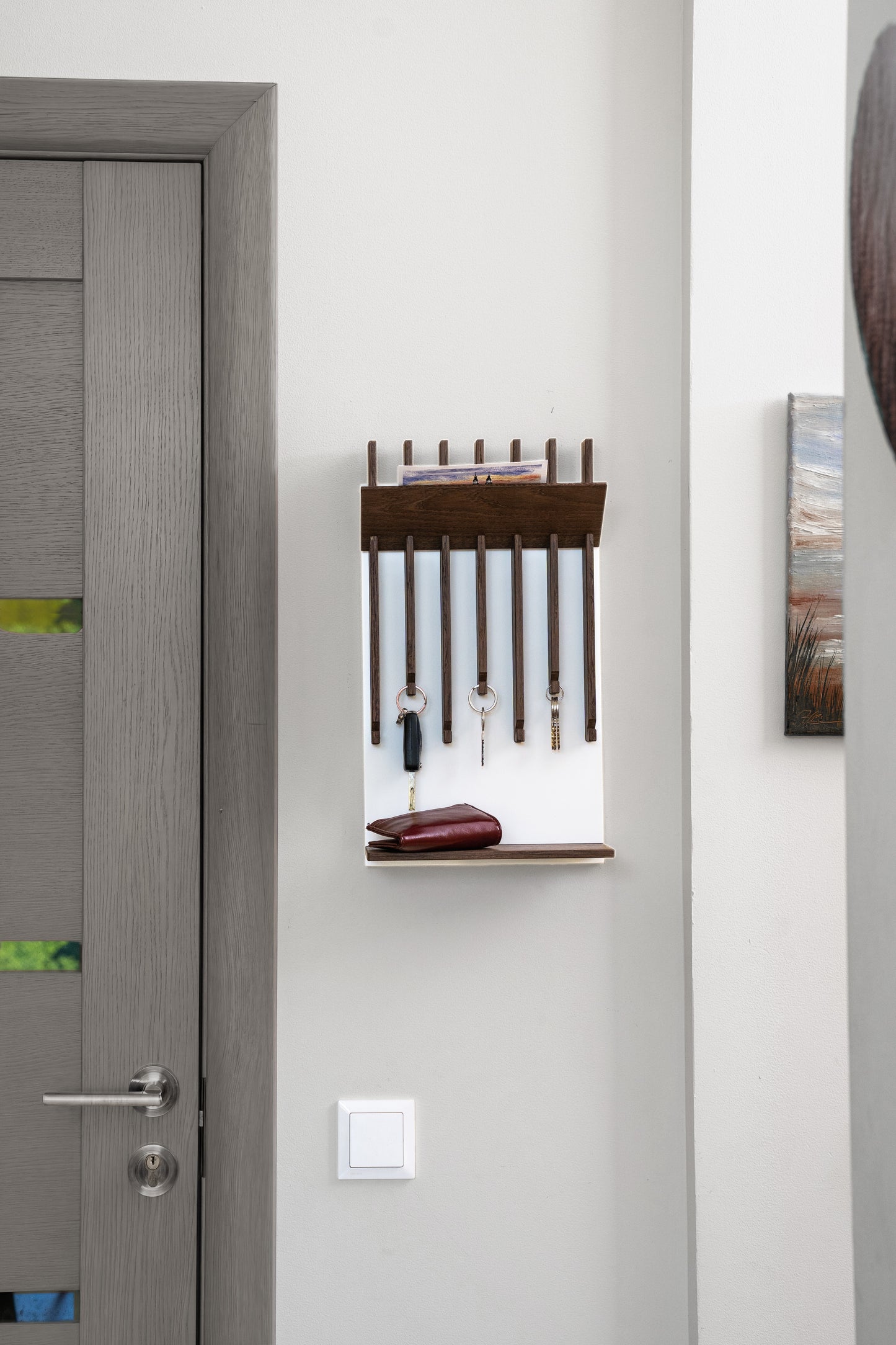 Walnut color Oak Modern Entryway Key holder with 2 shelves