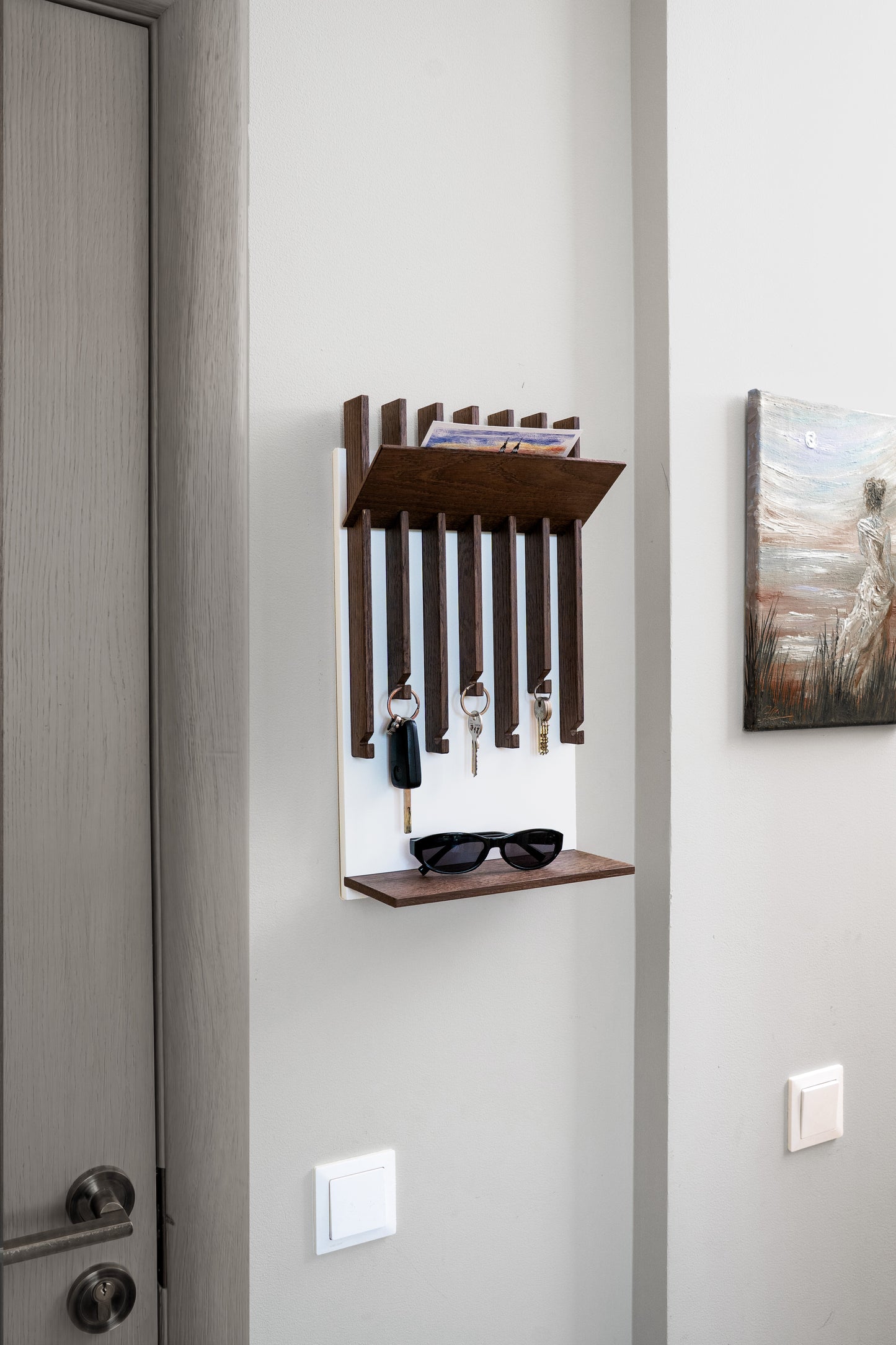 Walnut color Oak Modern Entryway Key holder with 2 shelves