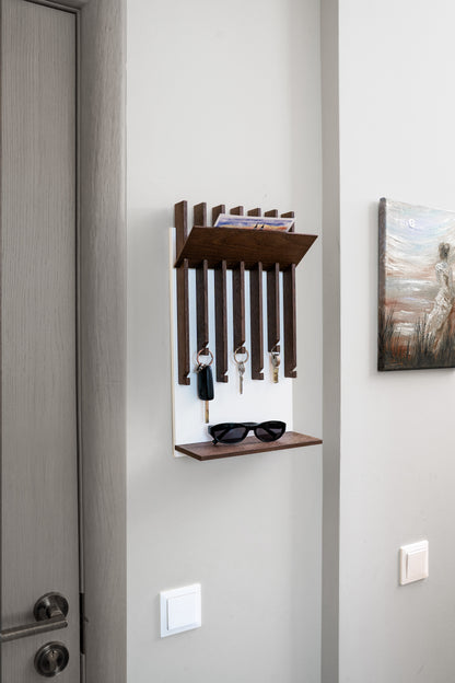Walnut color Oak Modern Entryway Key holder with 2 shelves
