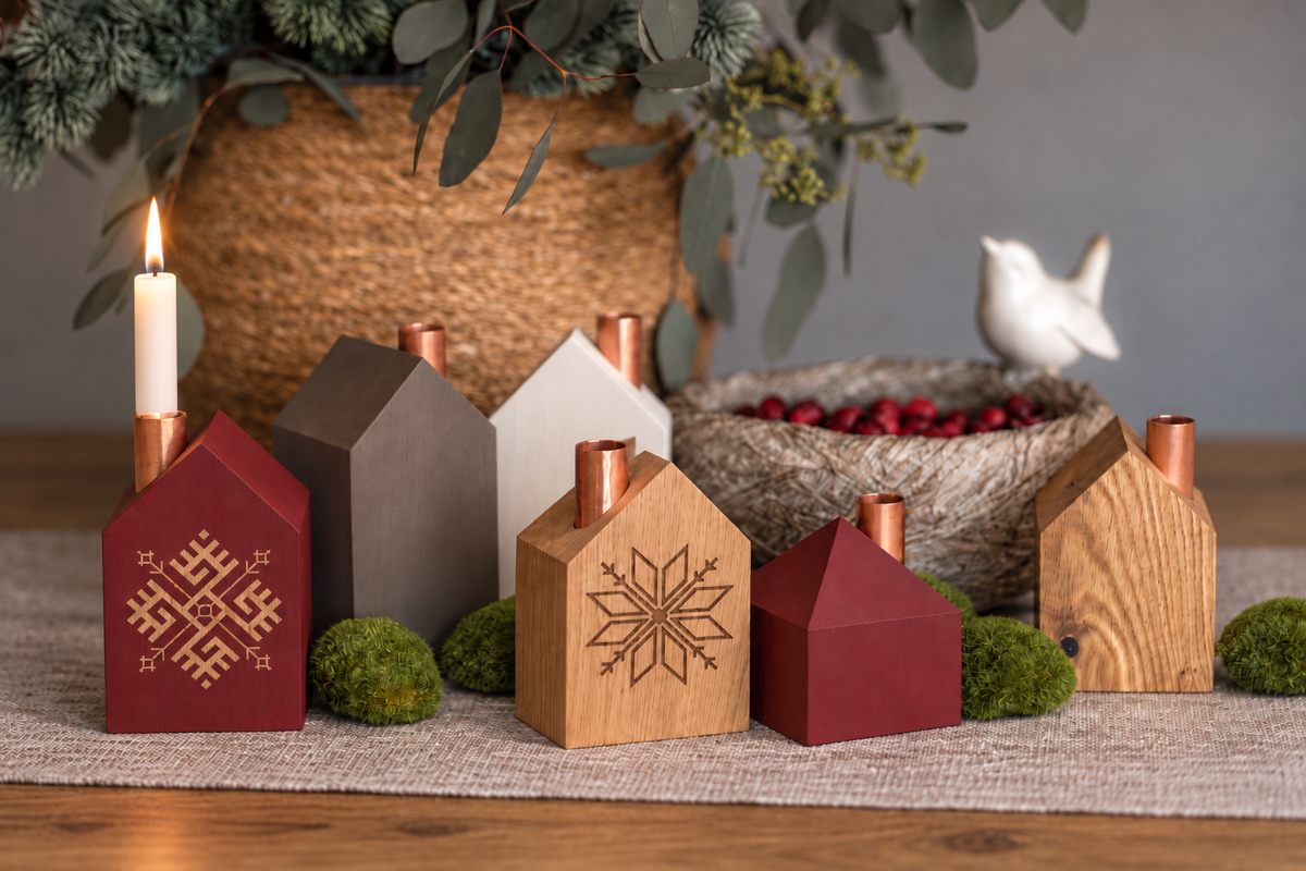Oak and dark red house candle holders with Latvian symbols