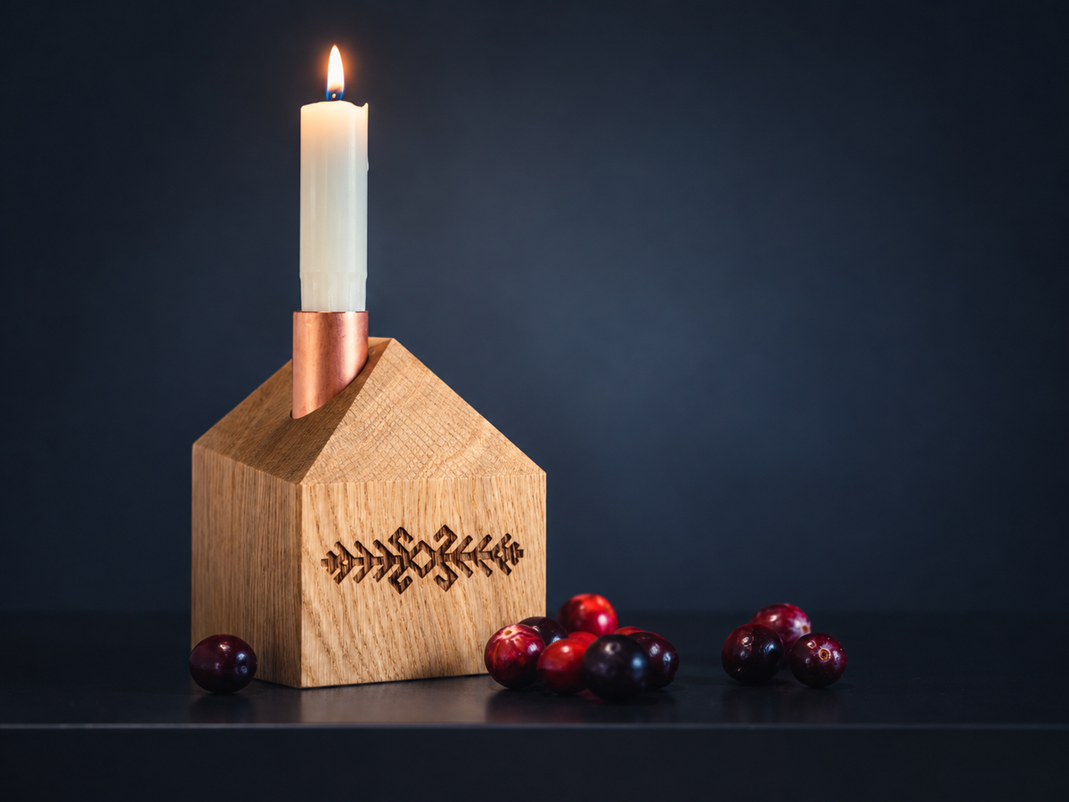 Oak house candle holders with Latvian symbols