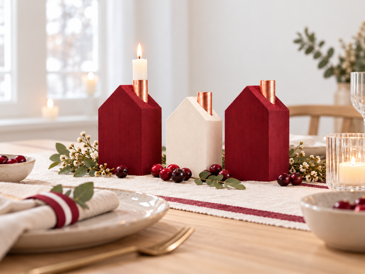 Red-white-red house candle holder set